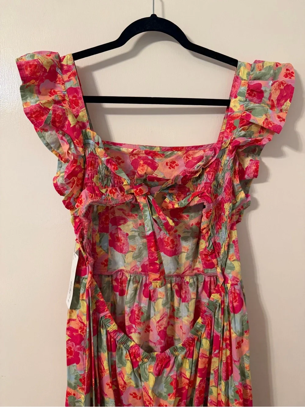 Floral Square-Neck Midi Dress in Pink and Green